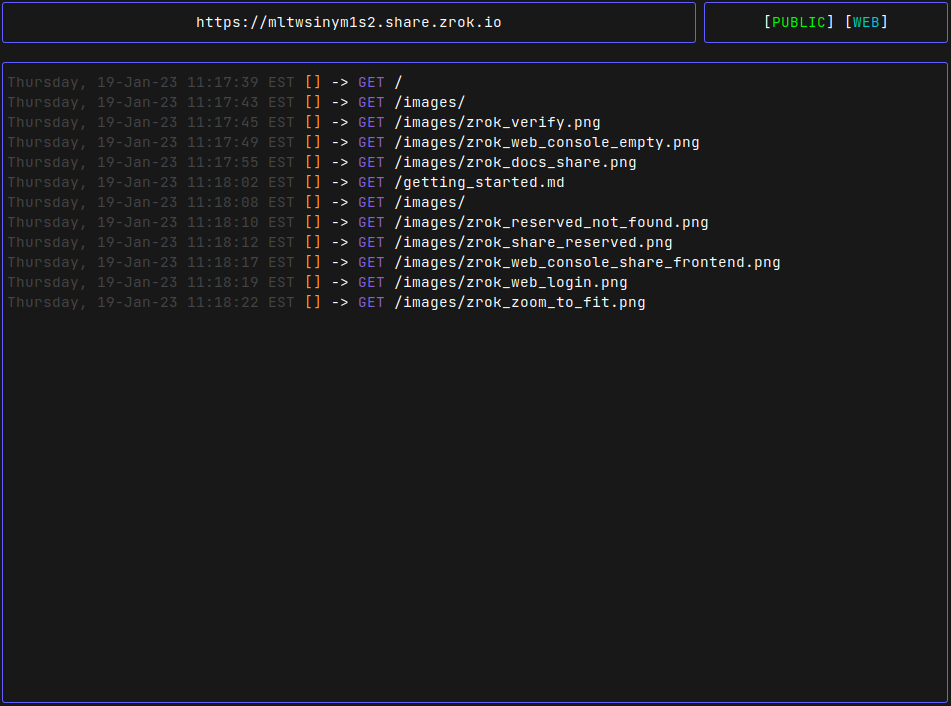 zrok2 share private --share-token terminal output